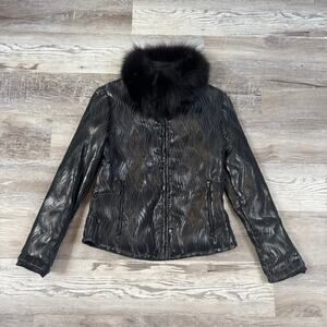 Vintage Y2K Miller Faux Leather Jacket Black Fur Collar Fitted Zip Medium